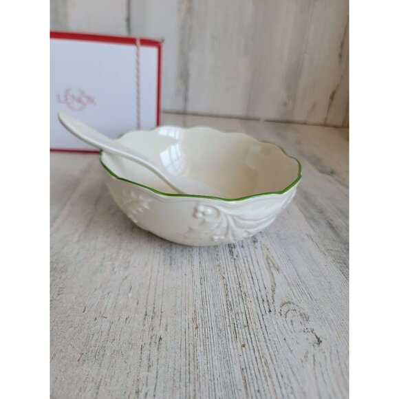 Lenox hosting holidays carved dip bowl spoon mistletoe Xmas set - Picture 3 of 8